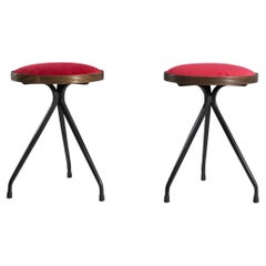 Retro Italian Designer, Stools, Brass, Metal, Velvet, Italy, 1950s