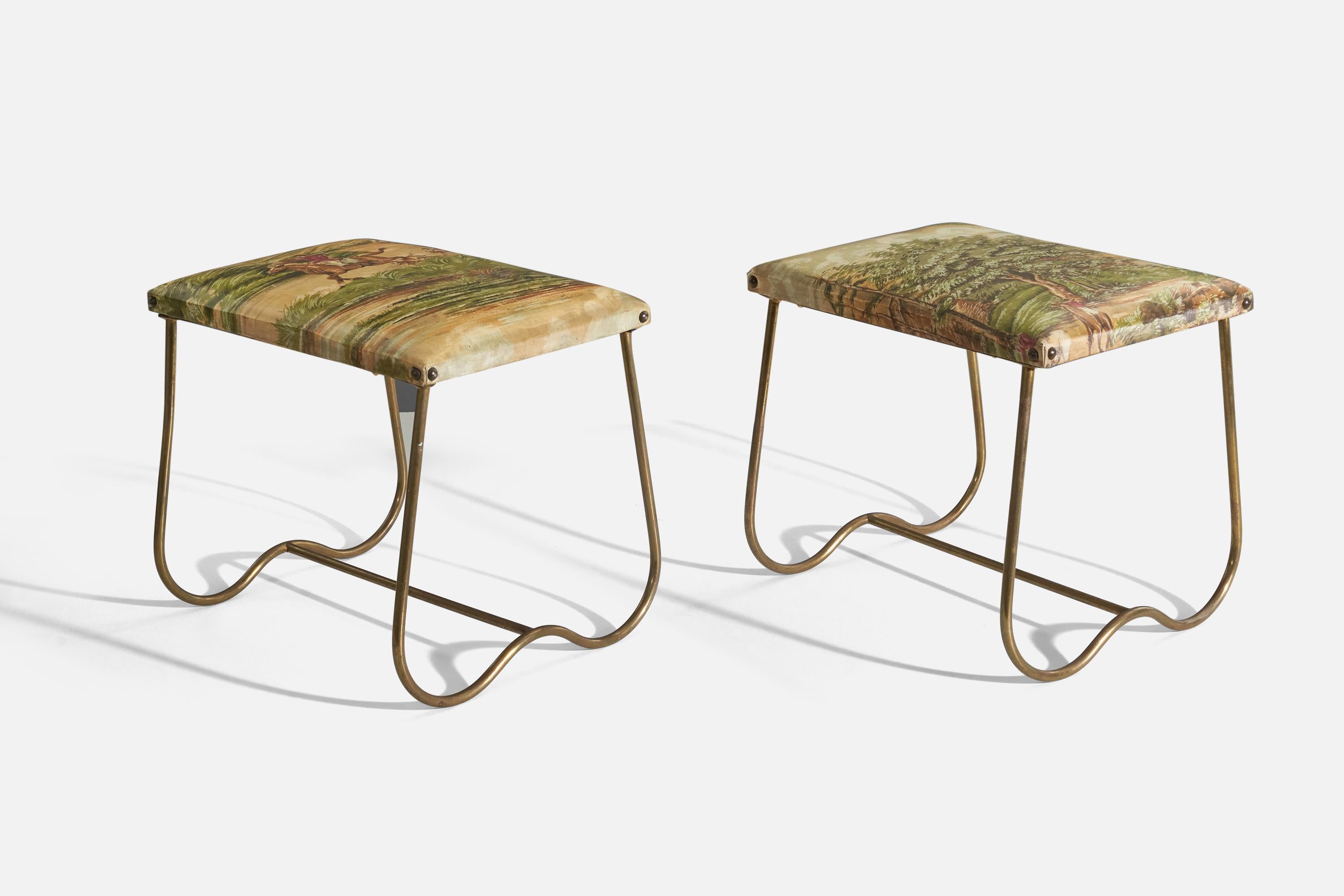 A pair of brass and printed fabric stools designed and produced in Italy, c. 1940s. 

