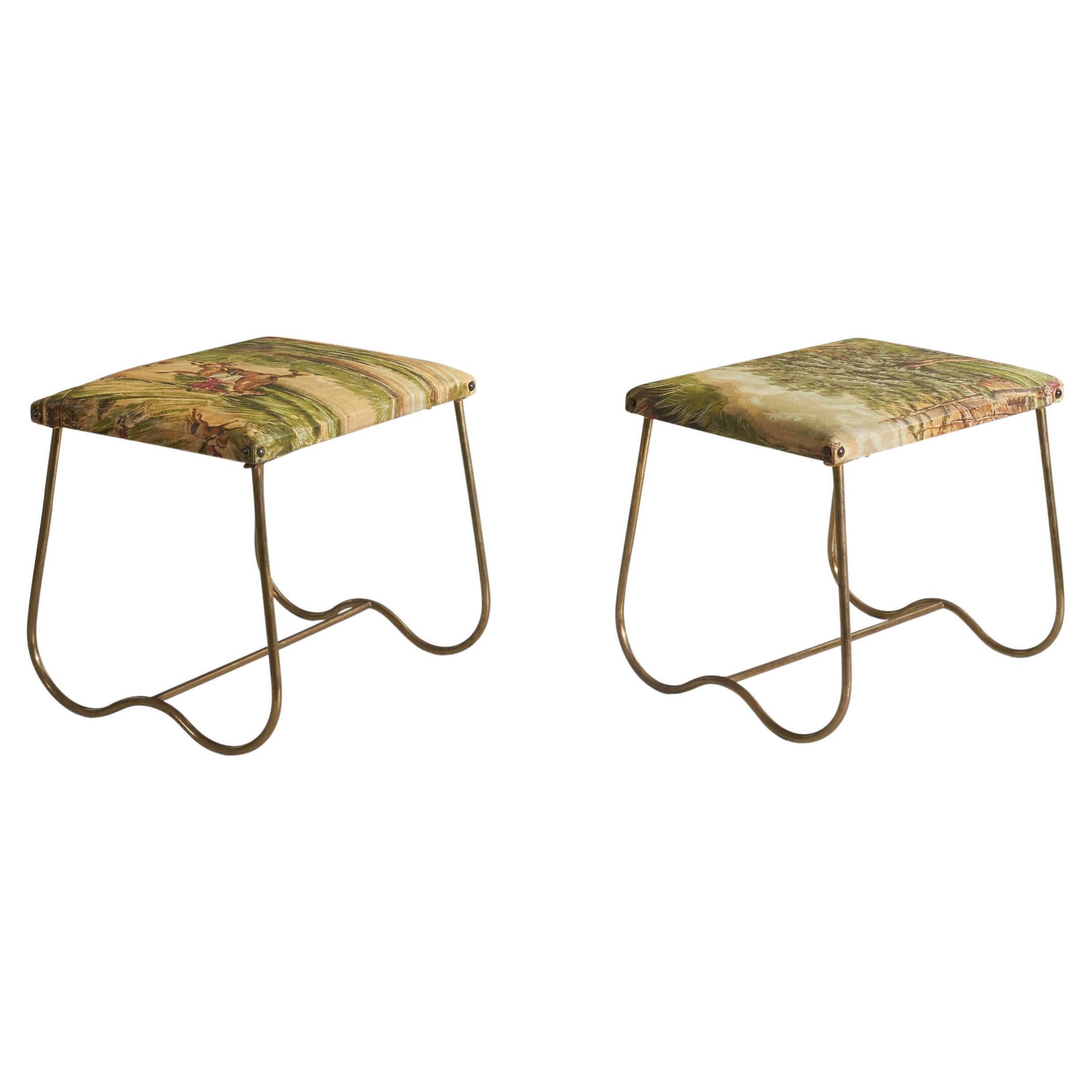 Italian Designer, Stools, Brass, Printed Fabric, Italy, 1940s