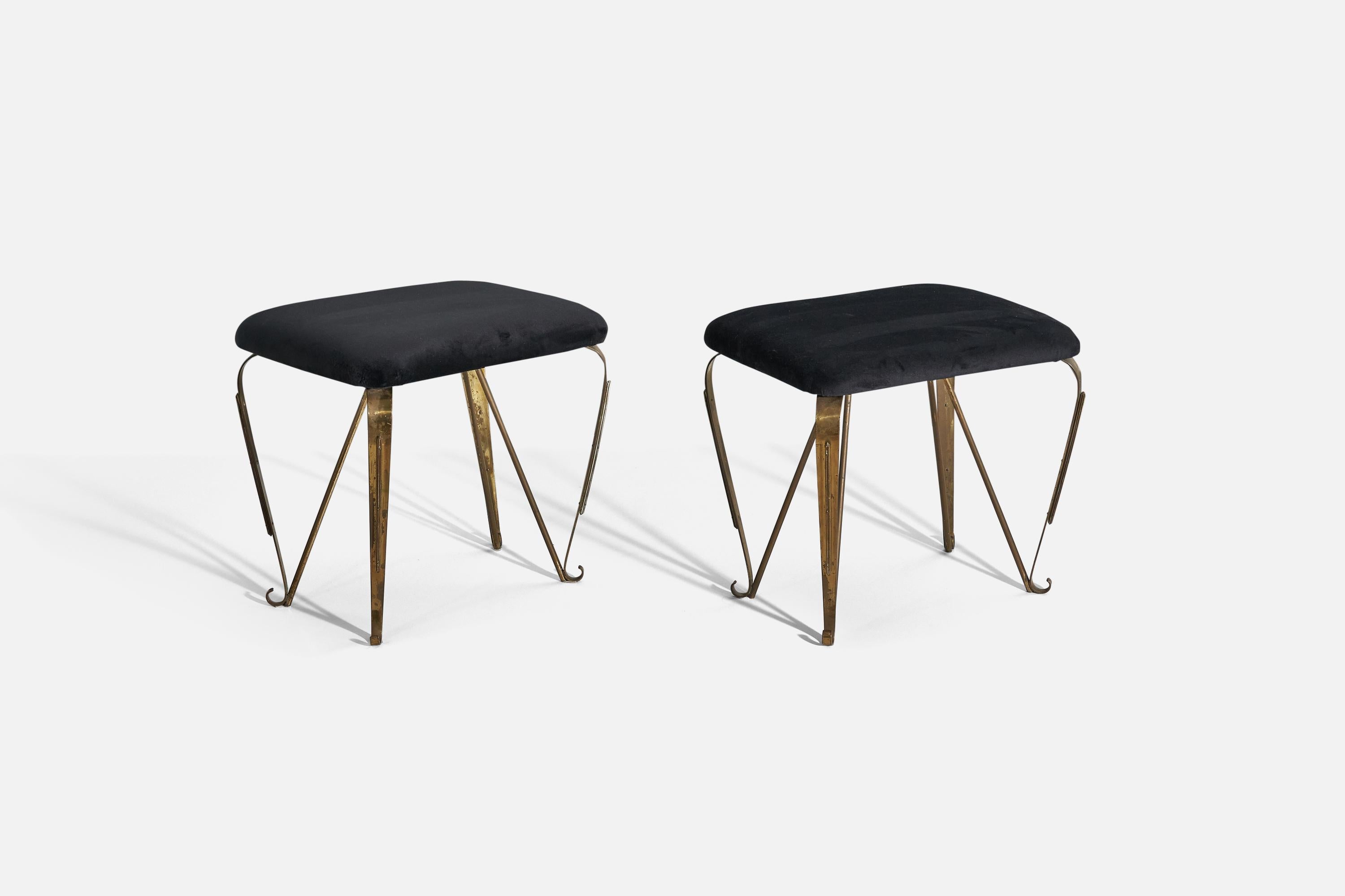 A pair of brass and black velvet stools designed and produced in Italy, 1940s.