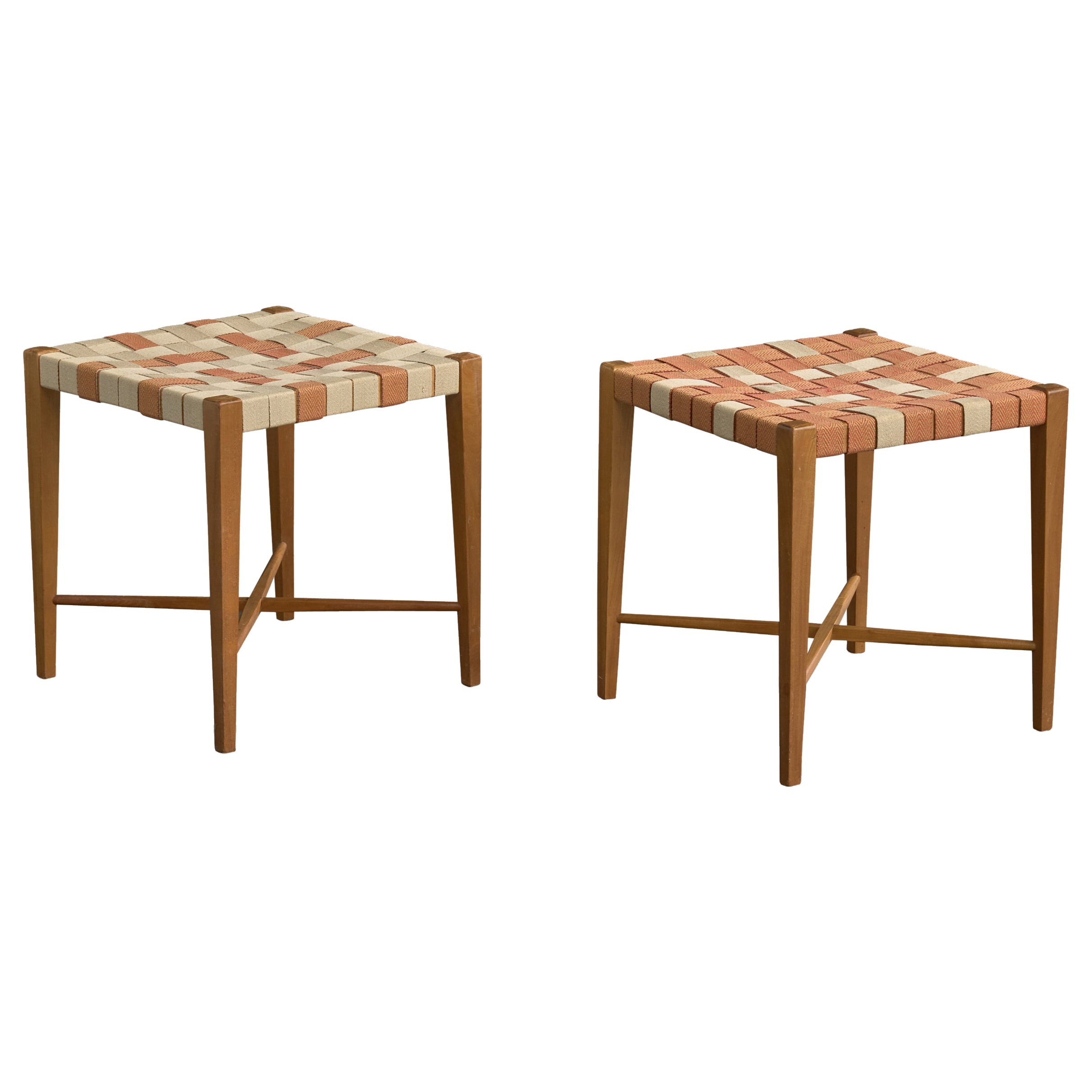 Italian Designer, Stools, Cherry, Fabric, Italy, 1960s For Sale
