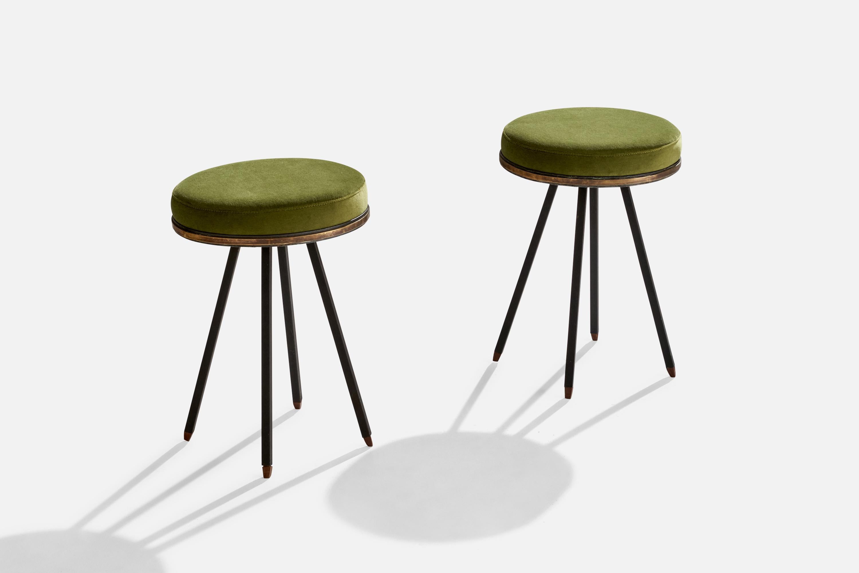 A pair of brass, black-lacquered metal and green velvet stools designed and produced in Italy, 1940s.

Seat height: 18.25”