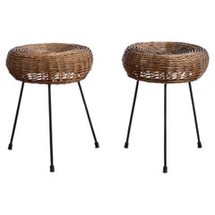 Italienischer Designer, Hocker, Metall, Rattan, Italien, 1950er Jahre