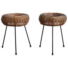 Italian Designer, Stools, Metal, Rattan, Italy, 1950s