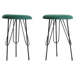 Retro Italian Designer, Stools, Metal, Velvet, Italy, 1950s