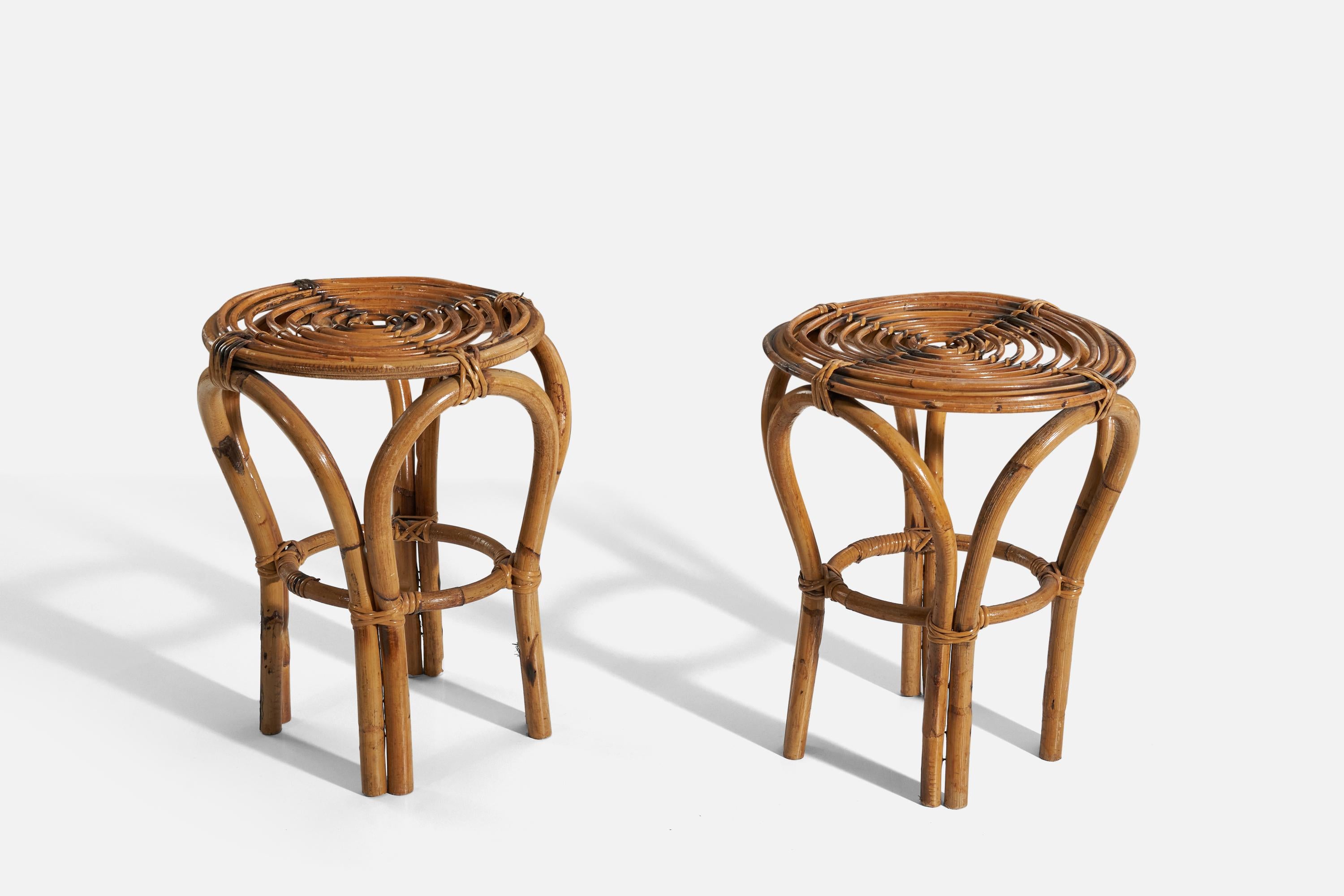 A pair of rattan and bamboo stools designed and produced in Italy, c. 1950s. 

