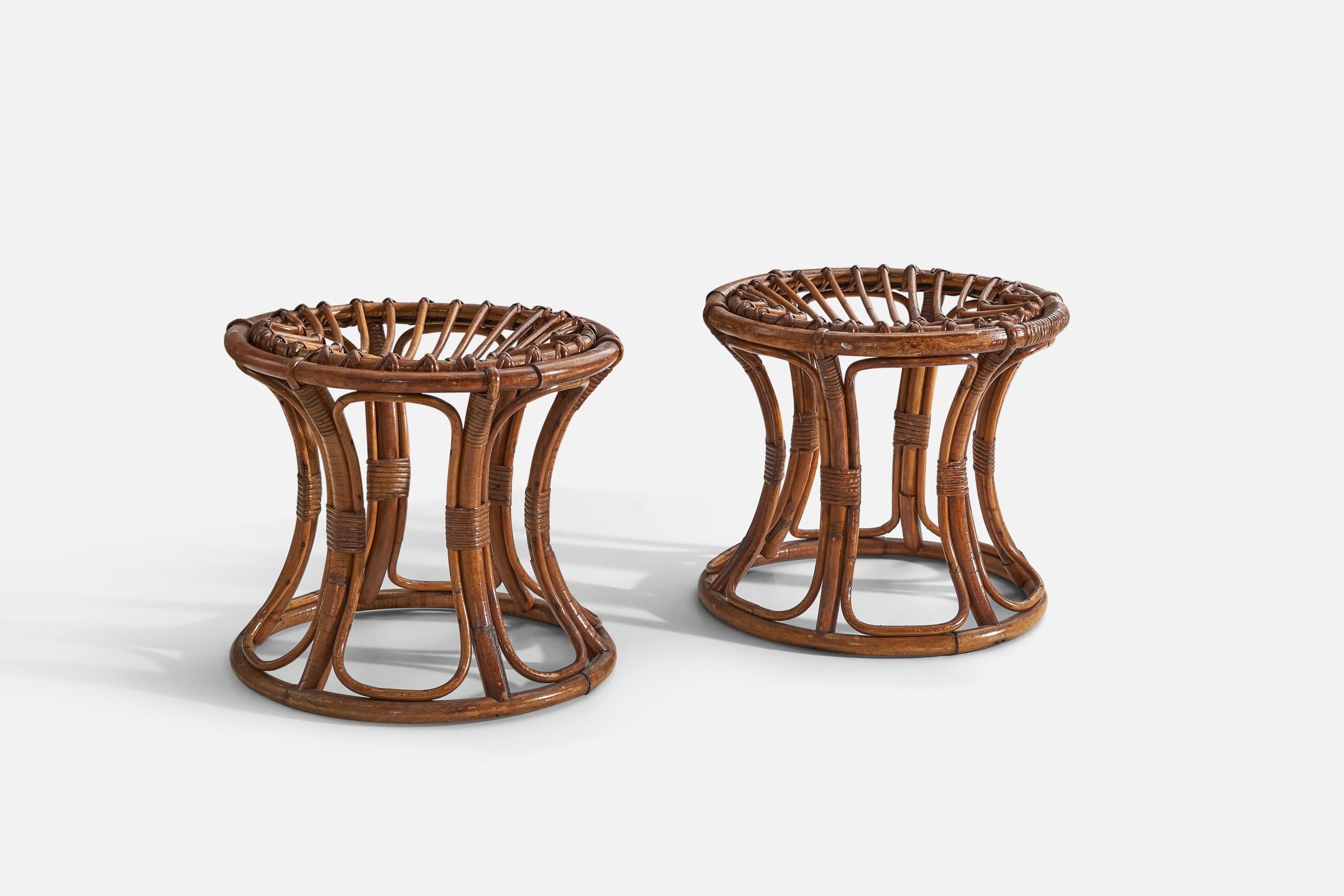 A pair of rattan stools designed and produced in Italy, c. 1950s. 

