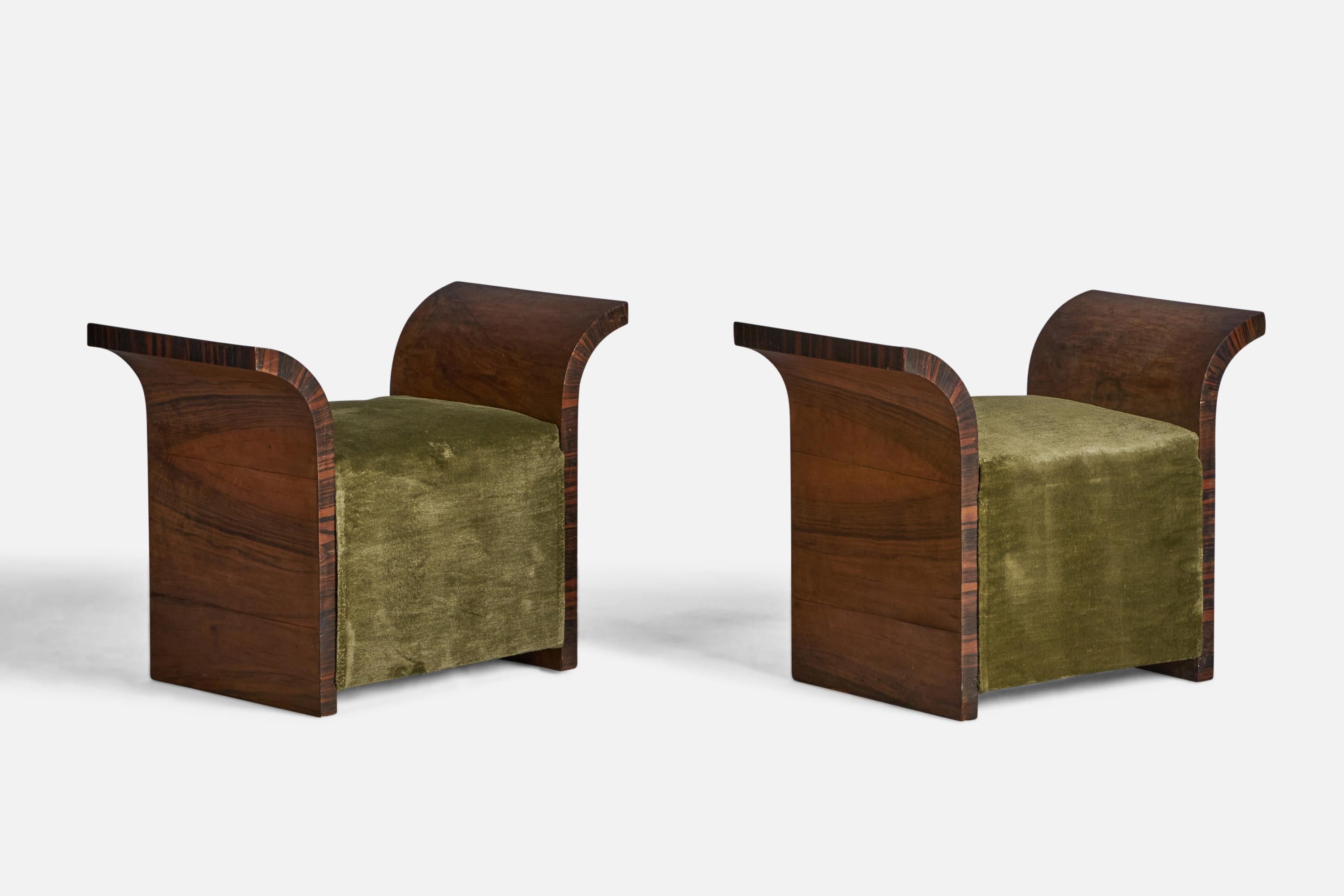 A pair of rosewood and green velvet stools, designed and produced in Italy, 1930s
Reupholstered in brand new high-end velvet.