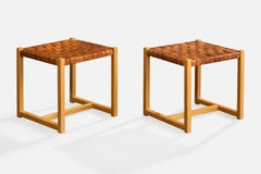 Italian Designer. Stools, Wood, Leather, Italy, 1970s