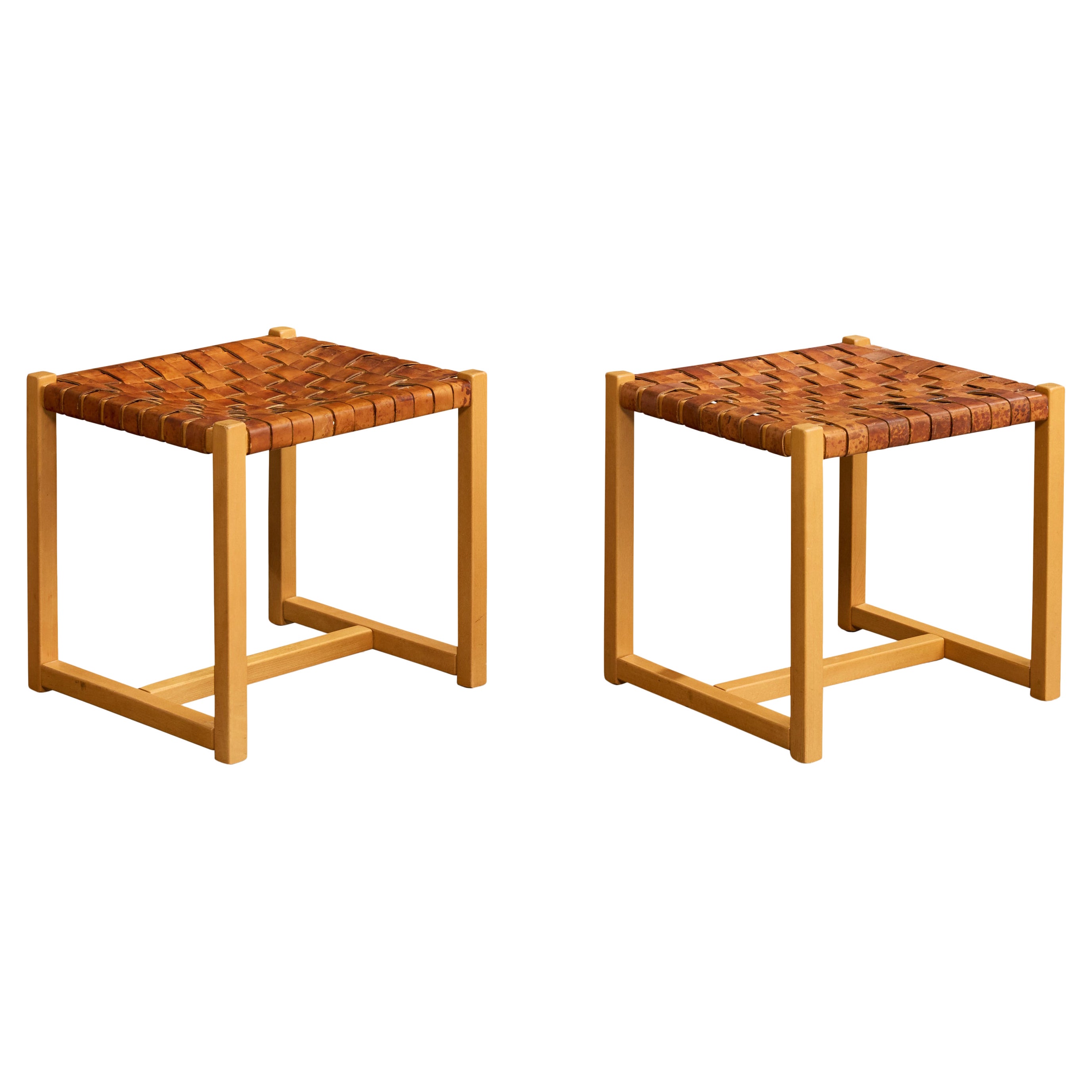 Italian Designer. Stools, Wood, Leather, Italy, 1970s