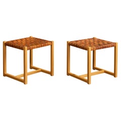 Italian Designer. Stools, Wood, Leather, Italy, 1970s