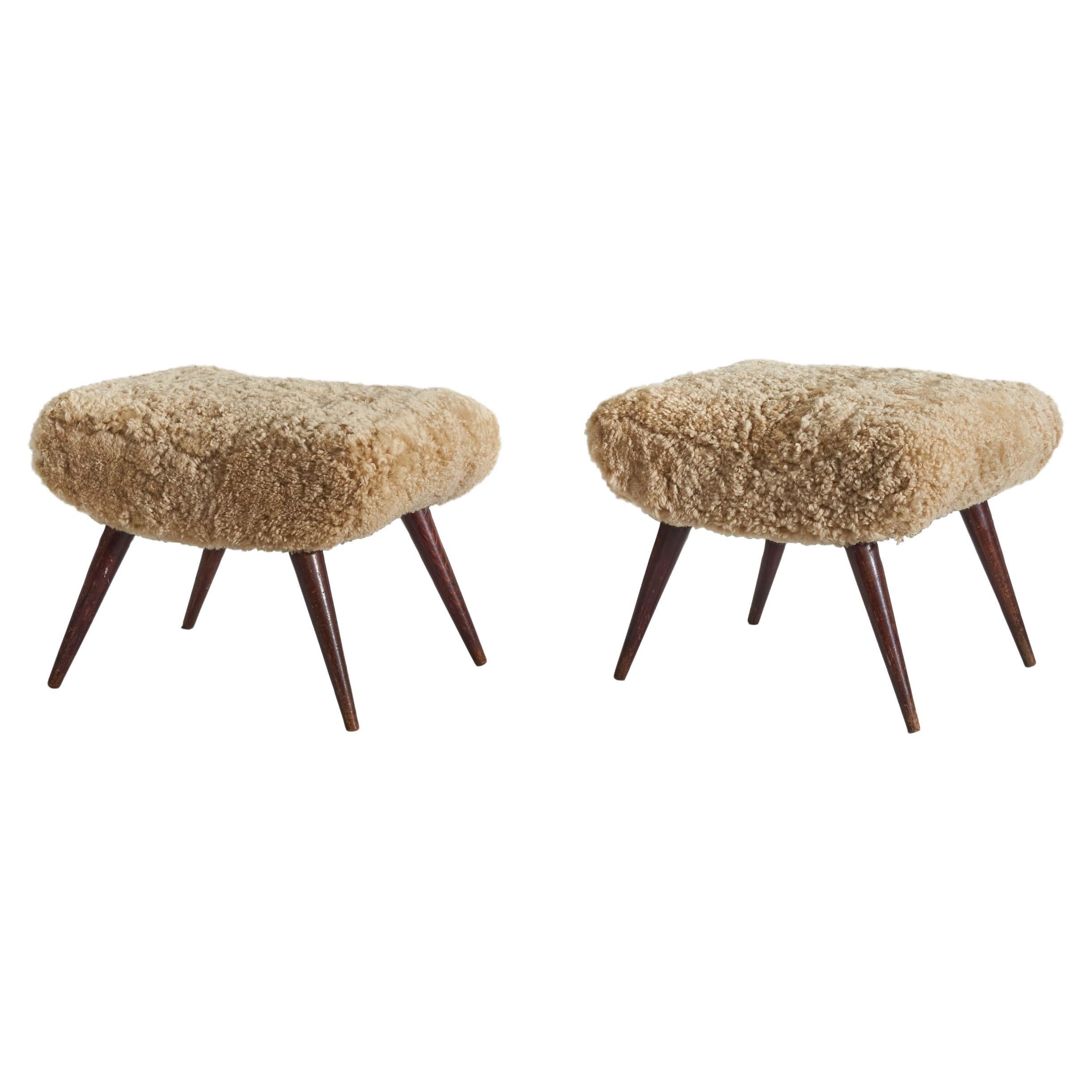 Italian Designer, Stools, Wood, Sheepskin, Italy, 1940s For Sale