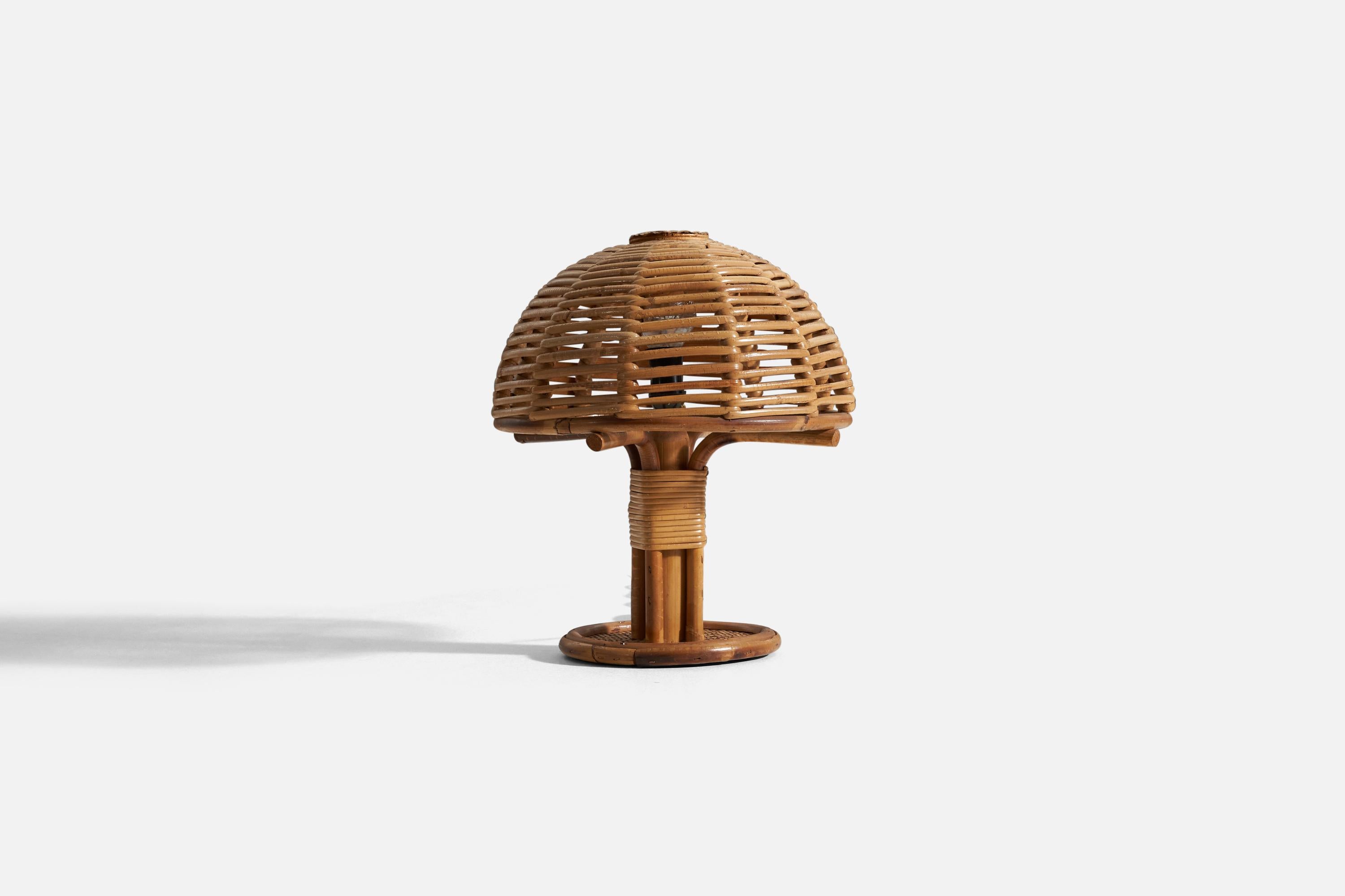 A bamboo and rattan table lamp, designed and produced in Italy, 1970s.