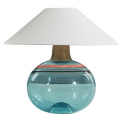 Italian Designer, Table Lamp, Blue Glass, Brass, Fabric, Italy, 1960s