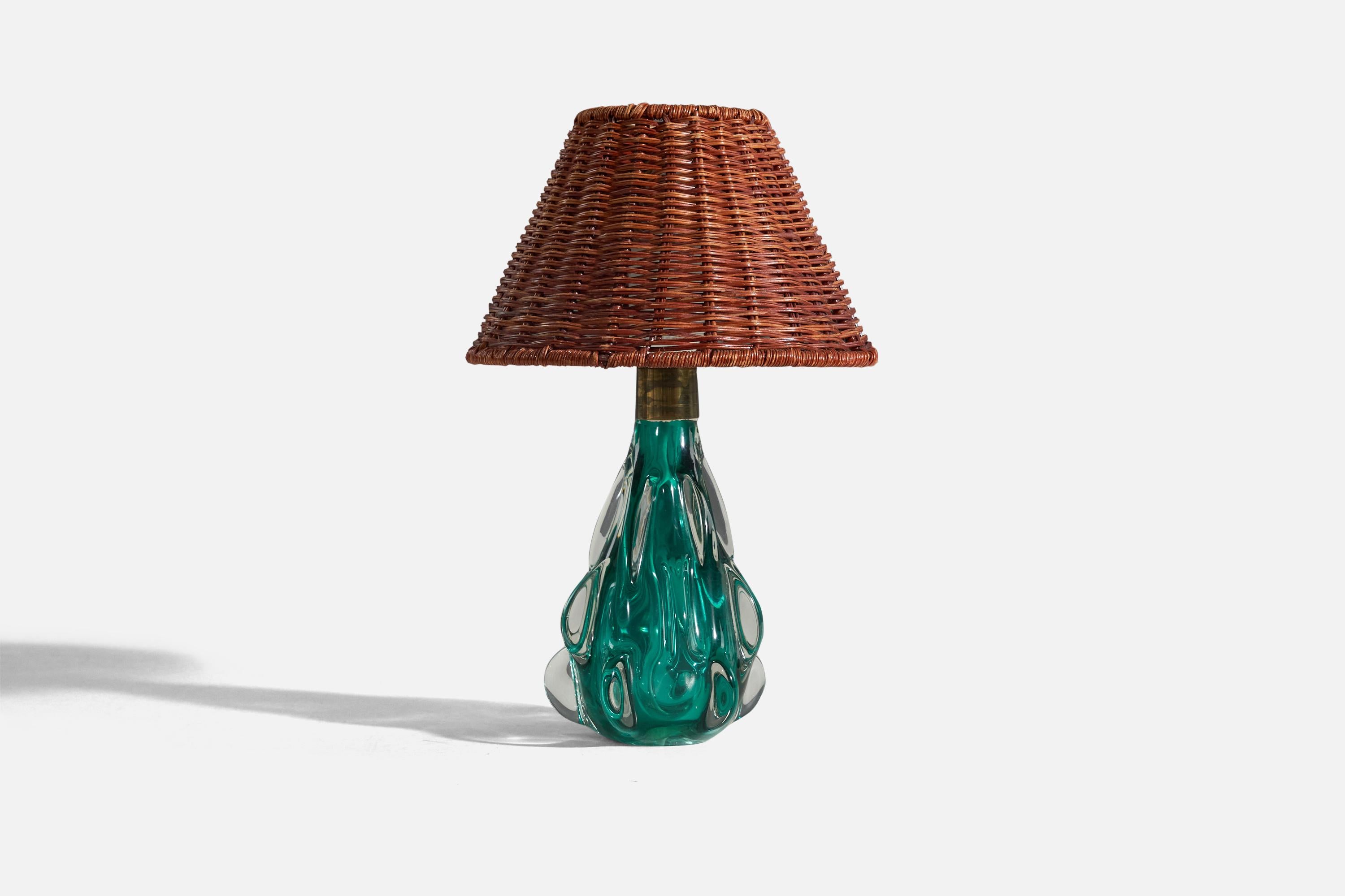 Mid-Century Modern Italian Designer, Table Lamp, Blue Murano Glass, Murano, Italy, 1950s For Sale