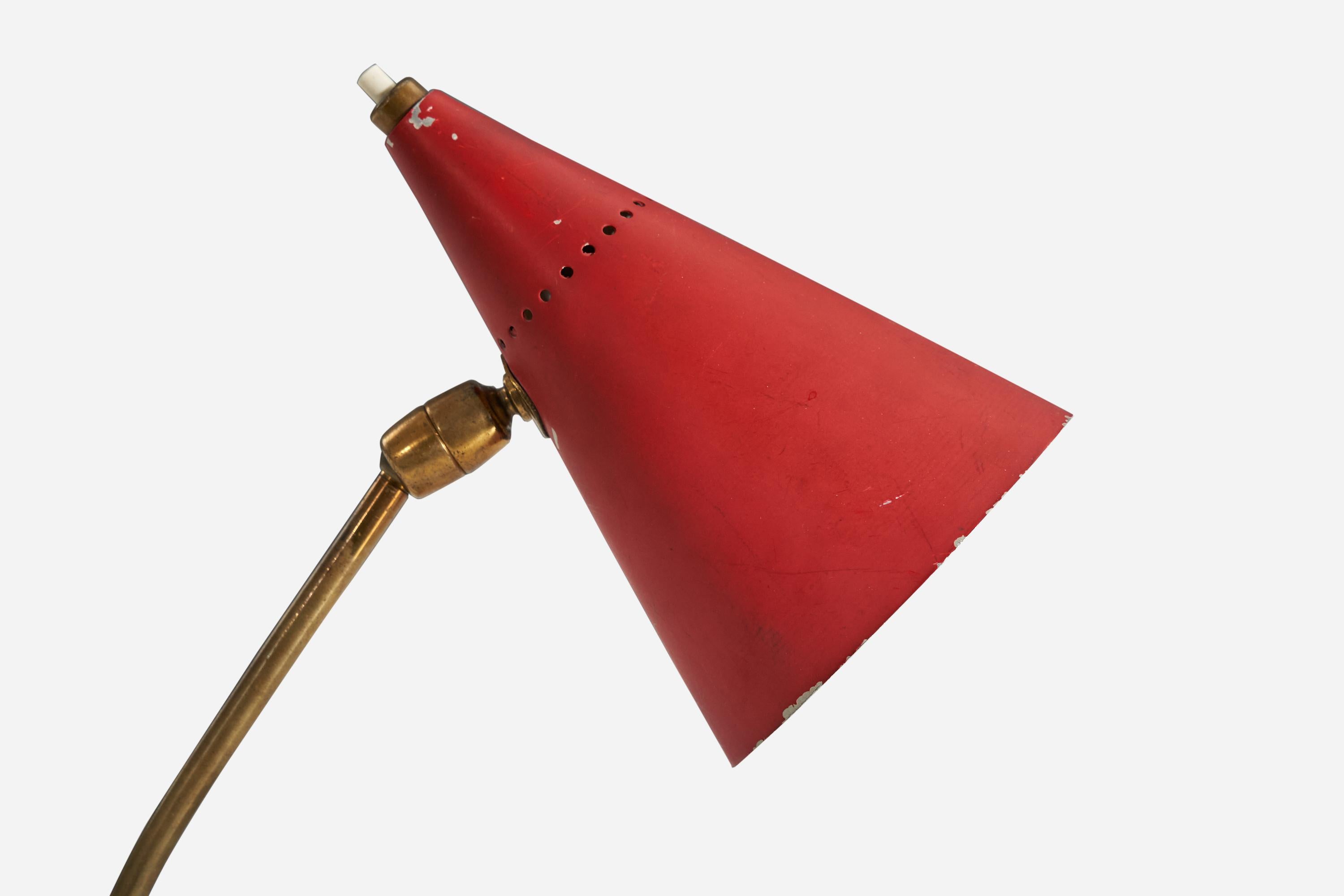 Italian Gilardi & Barzaghi, Table Lamp, Brass and Red Lacquered Metal, Italy, 1950s For Sale