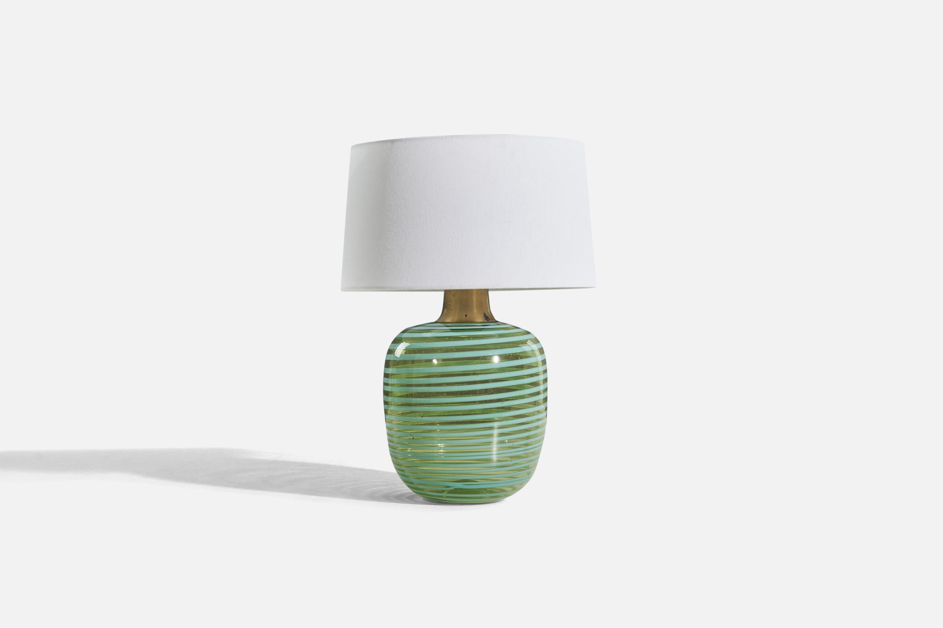 Mid-Century Modern Italian Designer, Table Lamp, Brass, Blue And Green Glass, Italy, 1970s For Sale