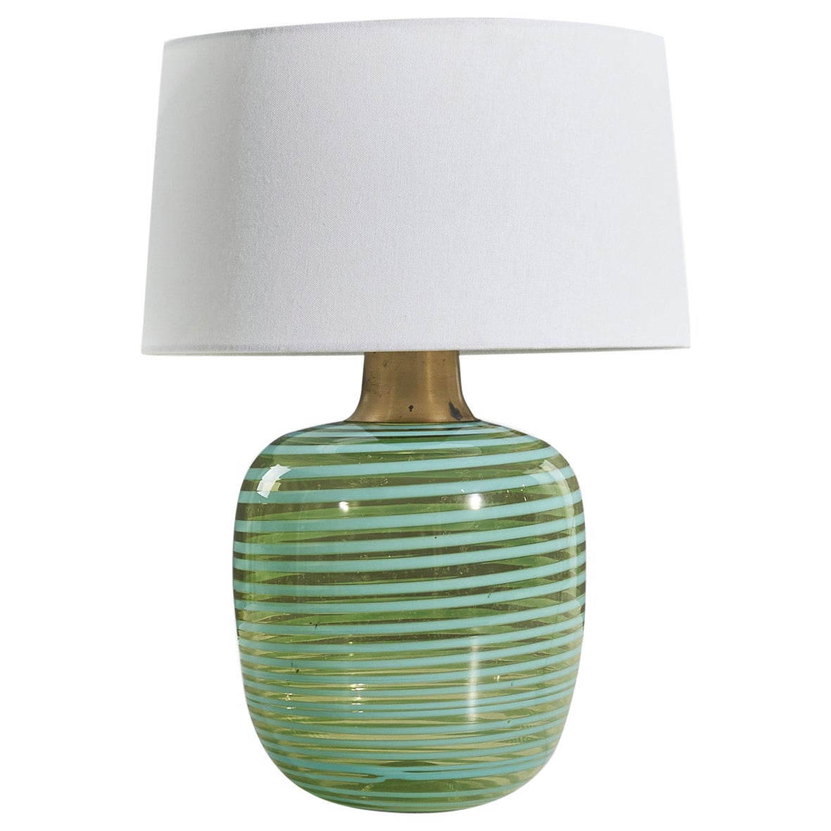Diseñador italiano, lámpara de mesa, latón, cristal azul y verde, Italia, años 70