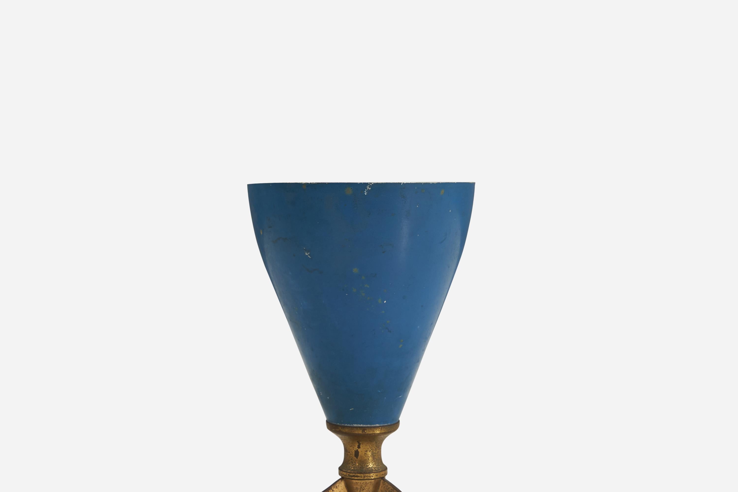 Italian Designer, Table Lamp, Brass, Blue-Lacquered Metal, Italy, 1950s In Fair Condition For Sale In High Point, NC