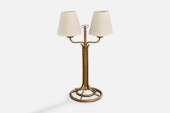 Italian Designer, Table Lamp, Brass, Copper, Fabric, Italy, 1940s