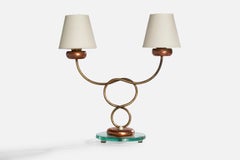 Italian Designer, Table Lamp, Brass, Copper, Glass, Fabric, Italy, 1930s