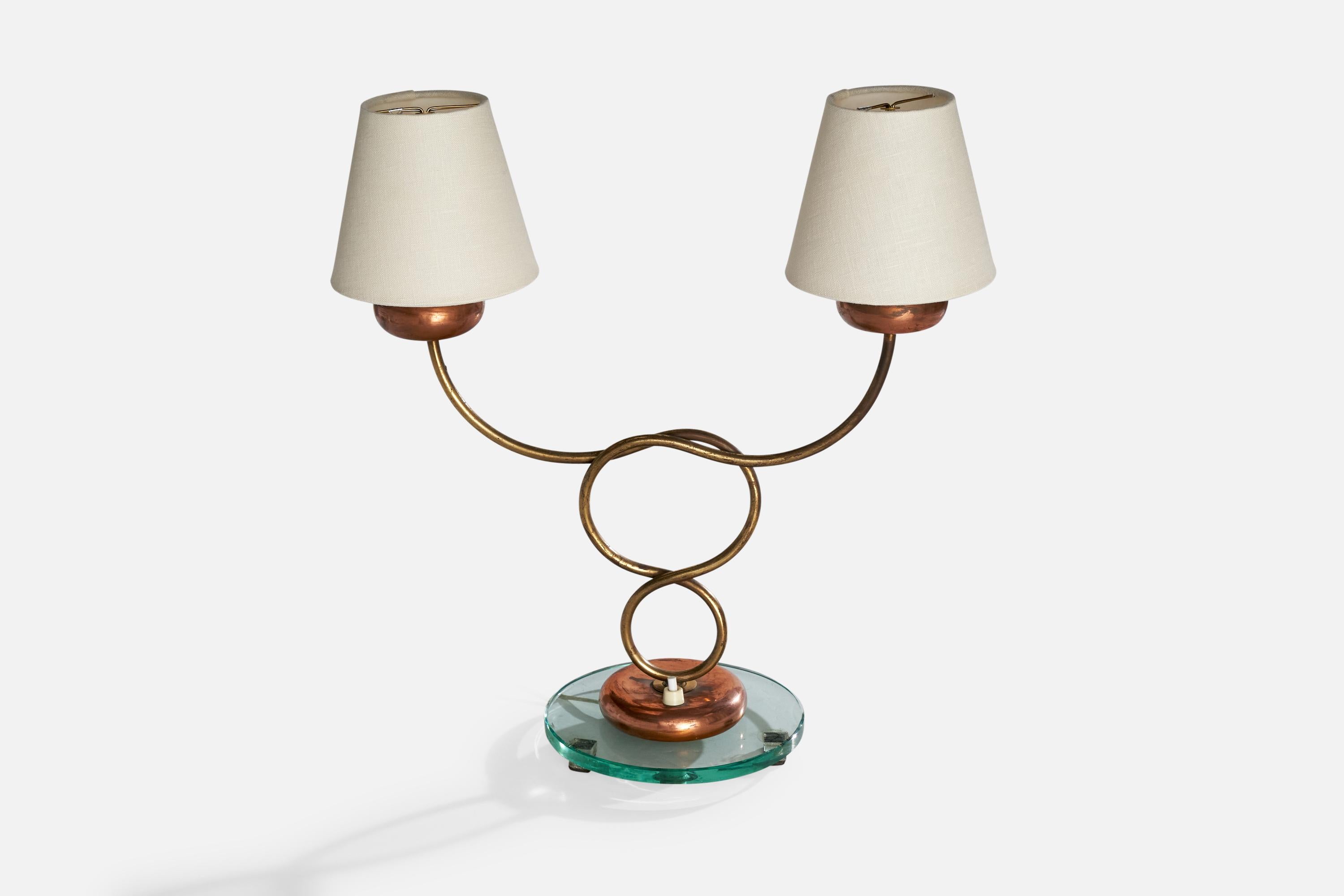 Italienische Designerin, Tischlampe, Messing, Kupfer, Glas, Stoff, Italien, 1930er Jahre im Zustand „Gut“ im Angebot in High Point, NC