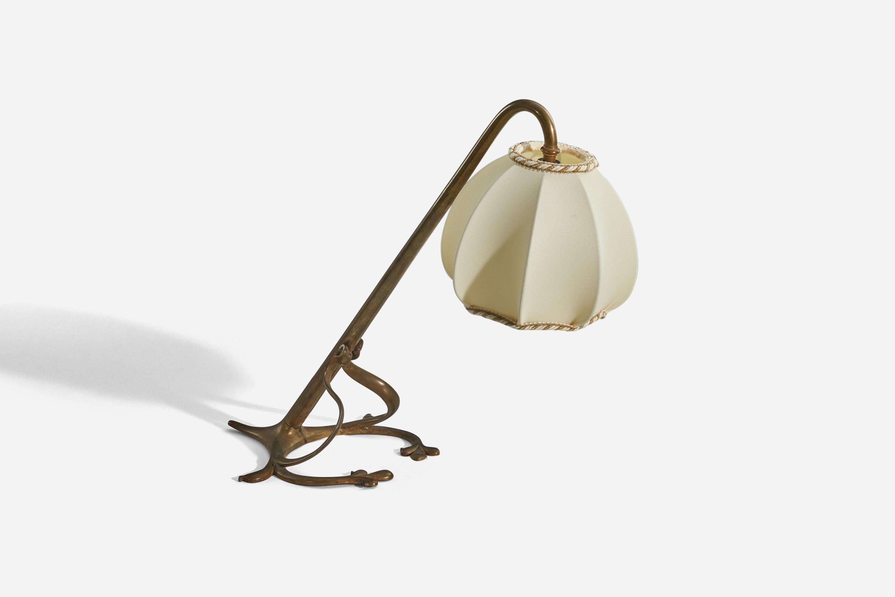 Mid-Century Modern Italian Designer, Table Lamp, Brass, Fabric, Italy, 1920s For Sale