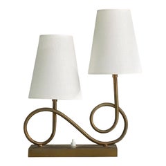 Designer italiano, lampada da tavolo, ottone, tessuto, Italia, anni '50