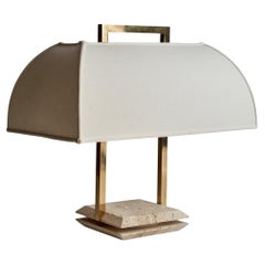 Italian Designer, Table Lamp, Brass, Fabric, Travertine, 1970s