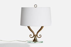 Italian Designer, Table Lamp, Brass, Glass, Fabric, Italy, 1930s