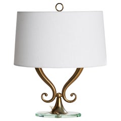 Italian Designer, Table Lamp, Brass, Glass, Fabric, Italy, 1930s