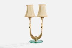 Italienische Designerin, Tischlampe, Messing, Glas, Stoff, Italien, 1940er Jahre