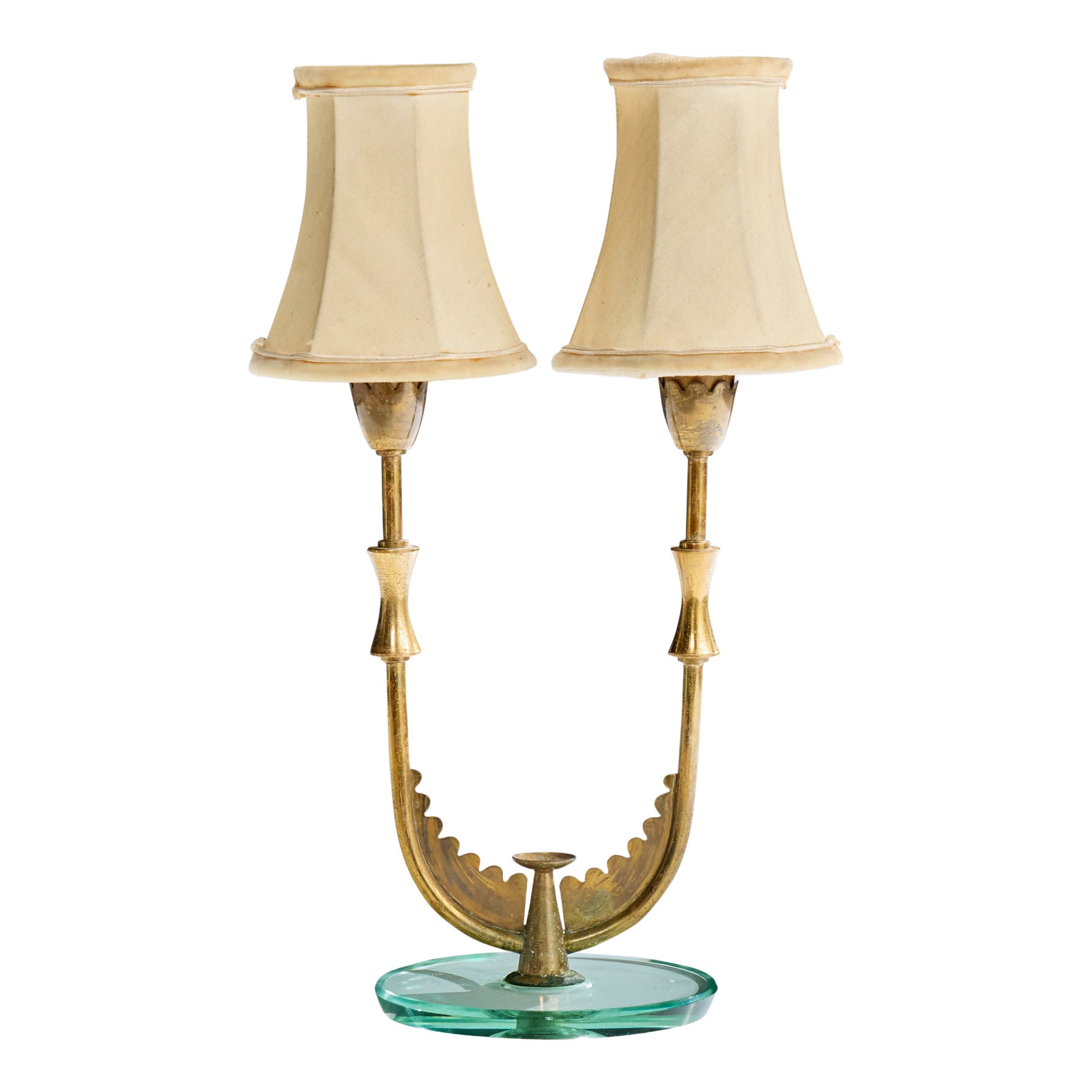 Diseñador italiano, lámpara de mesa, latón, cristal, tela, Italia, años 40