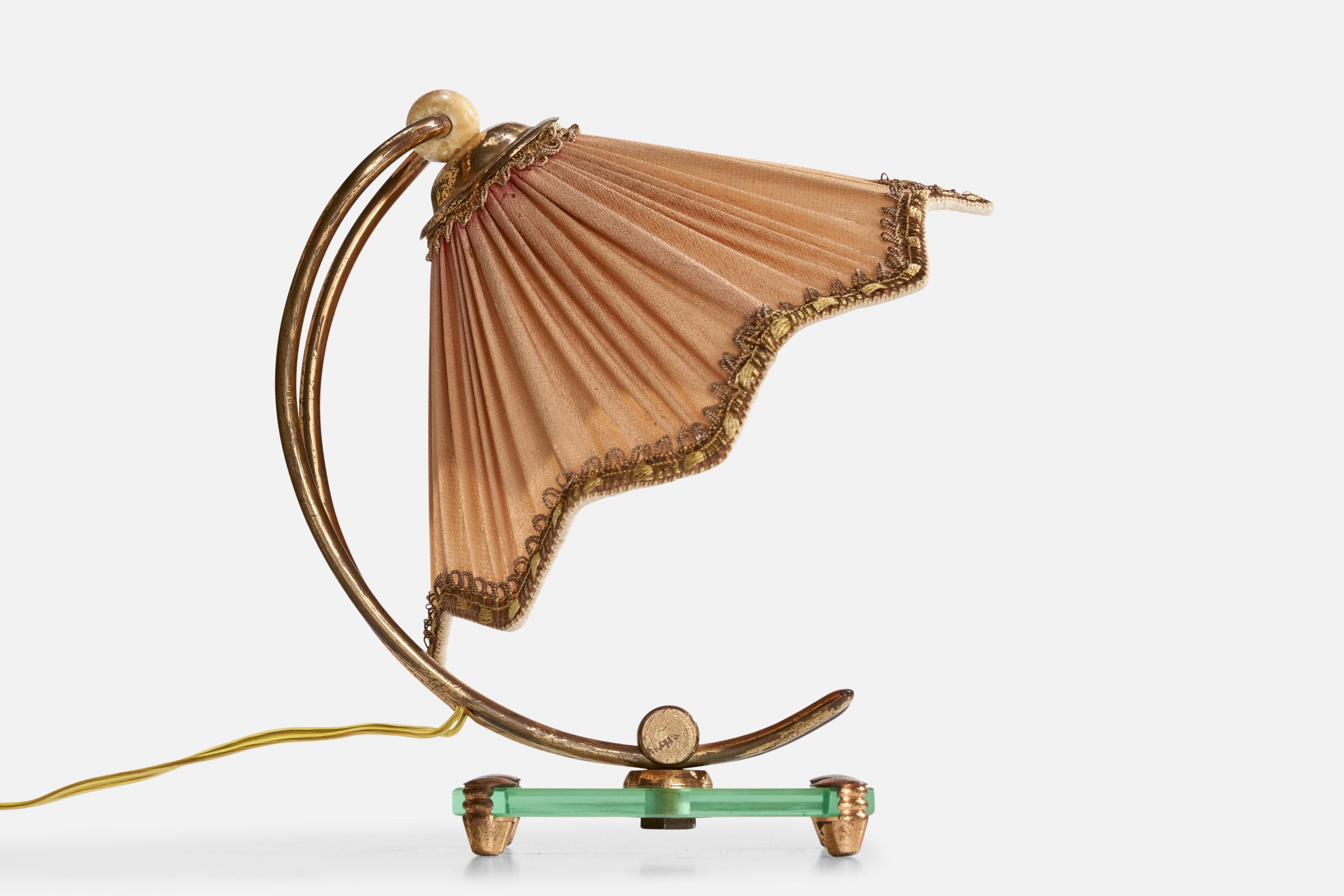 A brass, glass, wood and fabric table lamp designed and produced in Italy, c. 1940s.

Dimensions of Lamp with Shade (inches): 7.75” H x 7.5