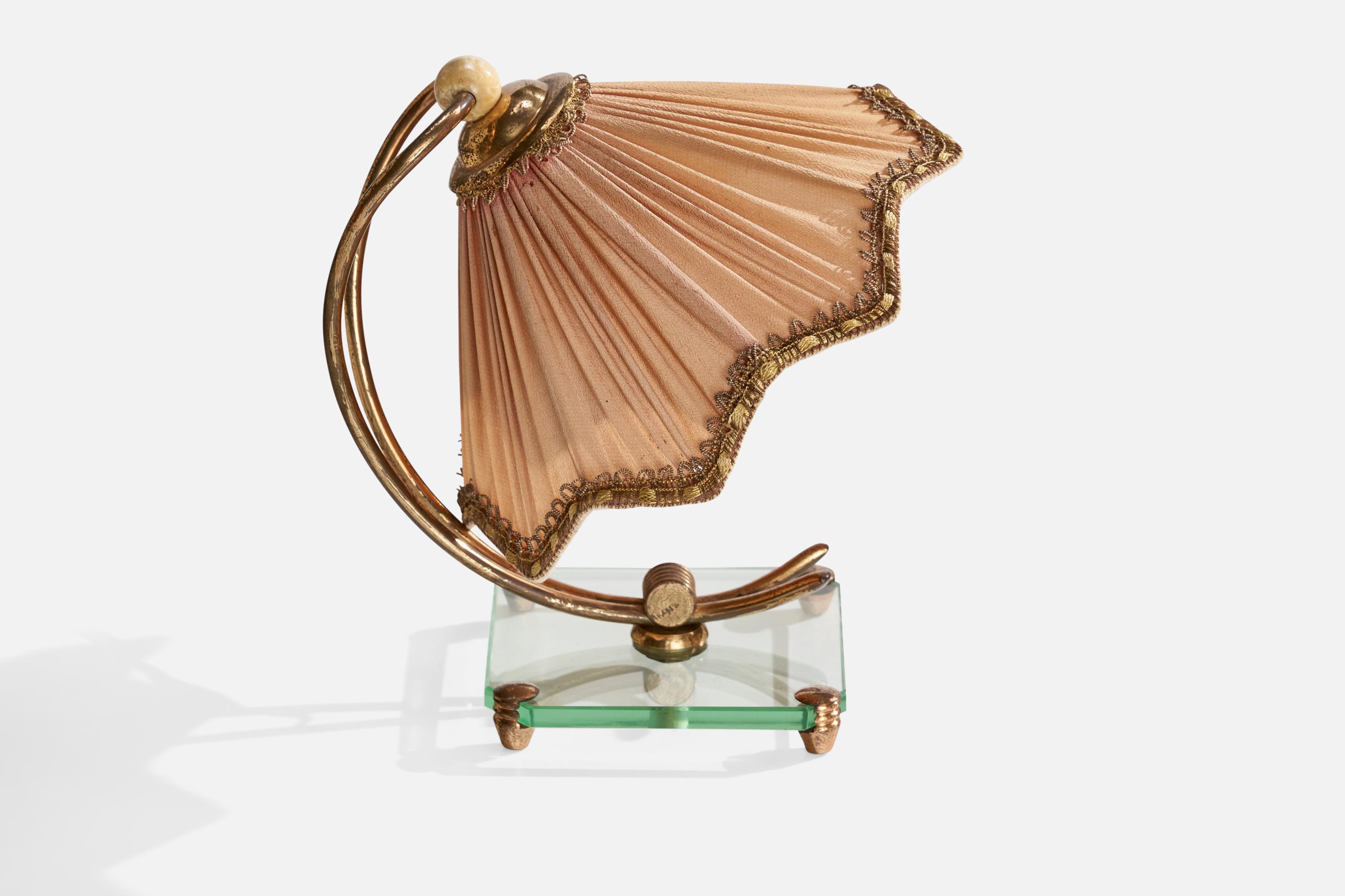 Mid-20th Century Italian Designer, Table Lamp, Brass, Glass, Fabric, Wood, Italy, 1940s