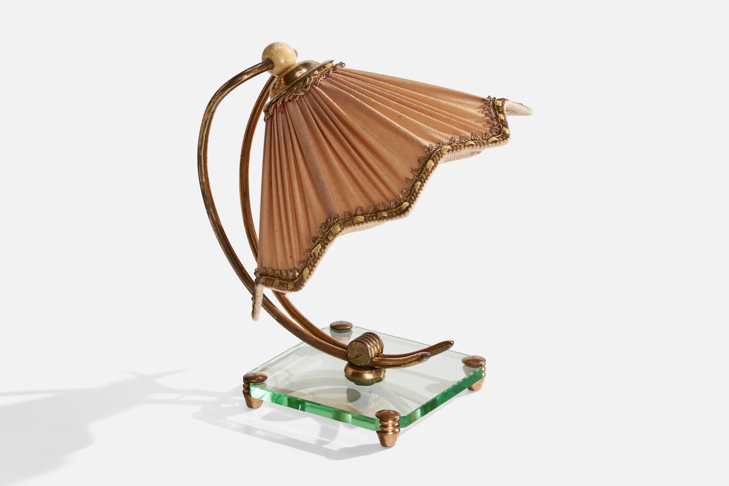 Italian Designer, Table Lamp, Brass, Glass, Fabric, Wood, Italy, 1940s 1