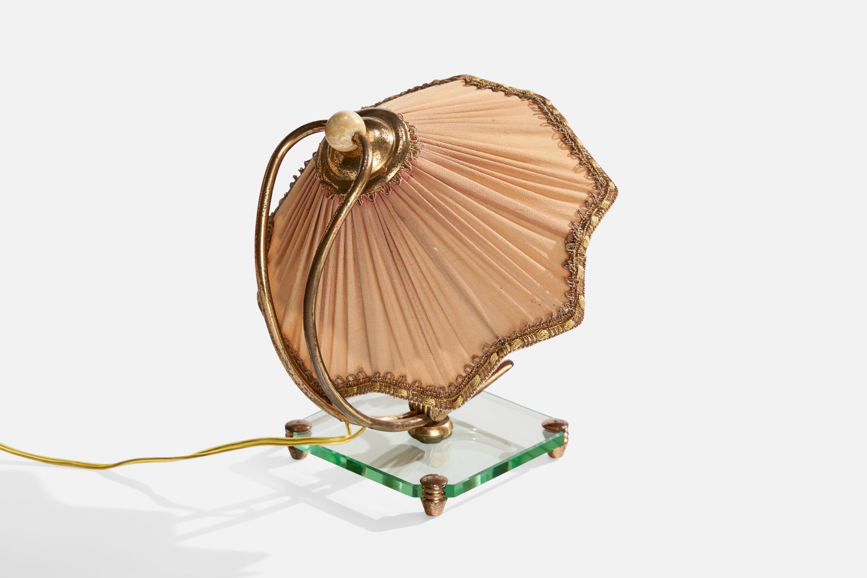 Italian Designer, Table Lamp, Brass, Glass, Fabric, Wood, Italy, 1940s 2