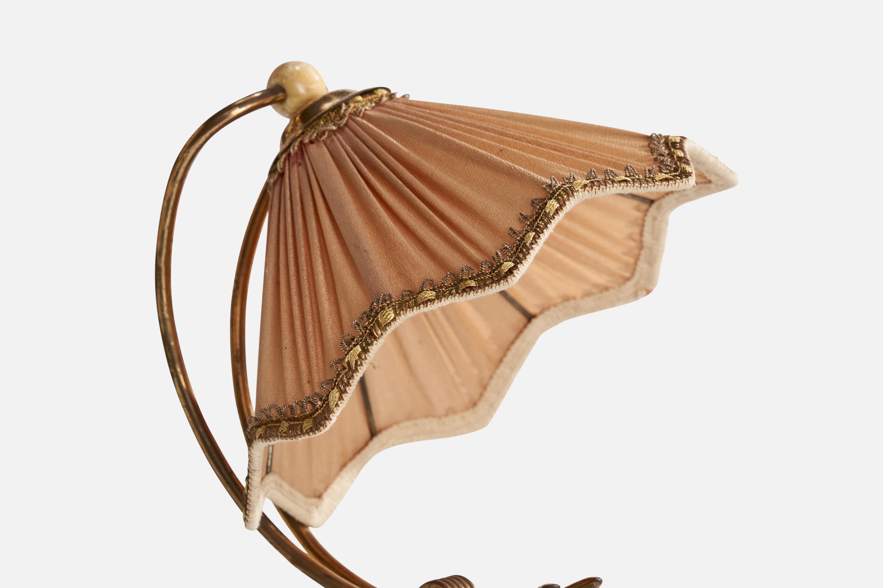 Italian Designer, Table Lamp, Brass, Glass, Fabric, Wood, Italy, 1940s 3