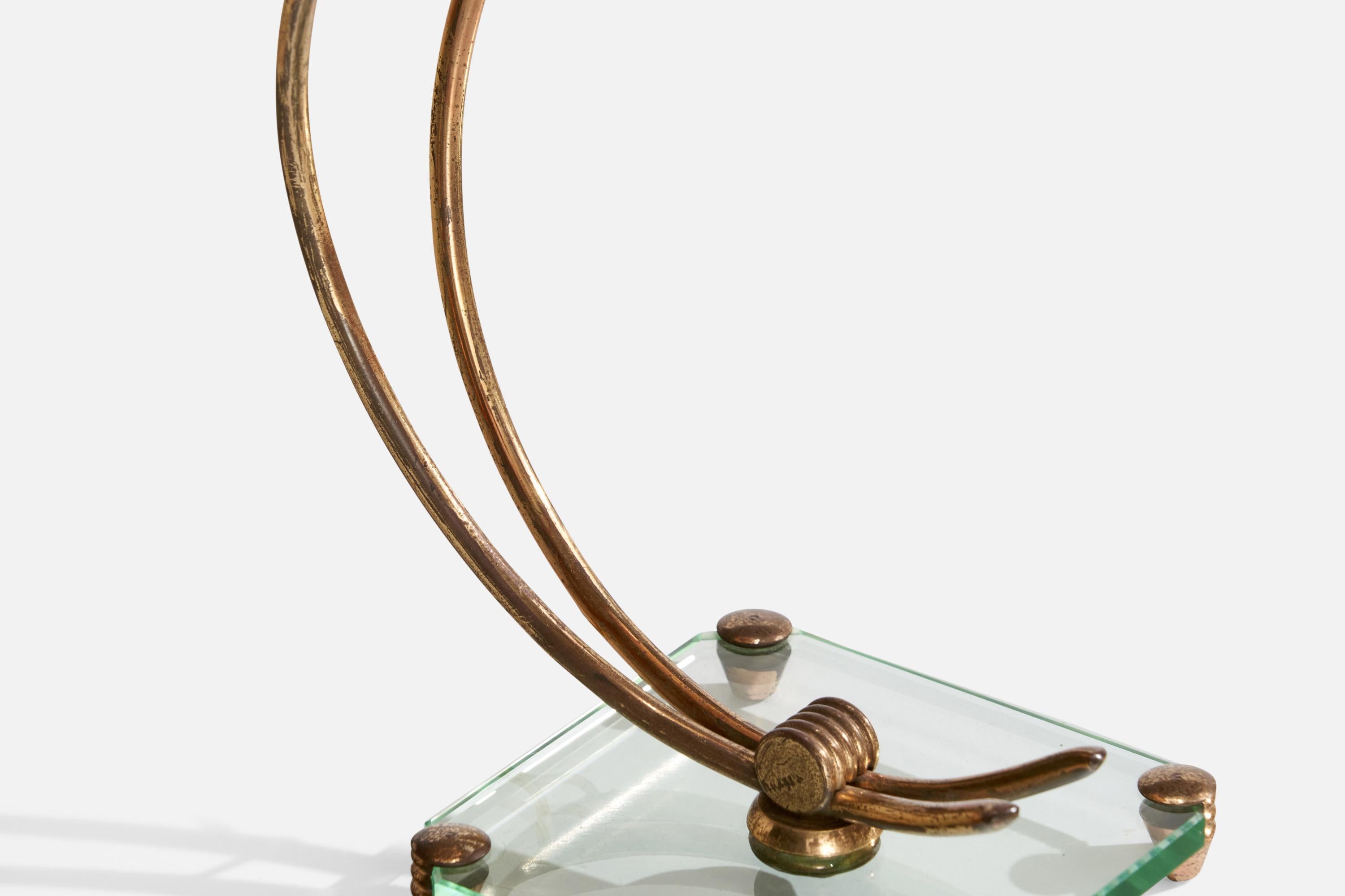 Italian Designer, Table Lamp, Brass, Glass, Fabric, Wood, Italy, 1940s 5