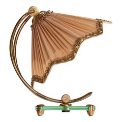 Italian Designer, Table Lamp, Brass, Glass, Fabric, Wood, Italy, 1940s