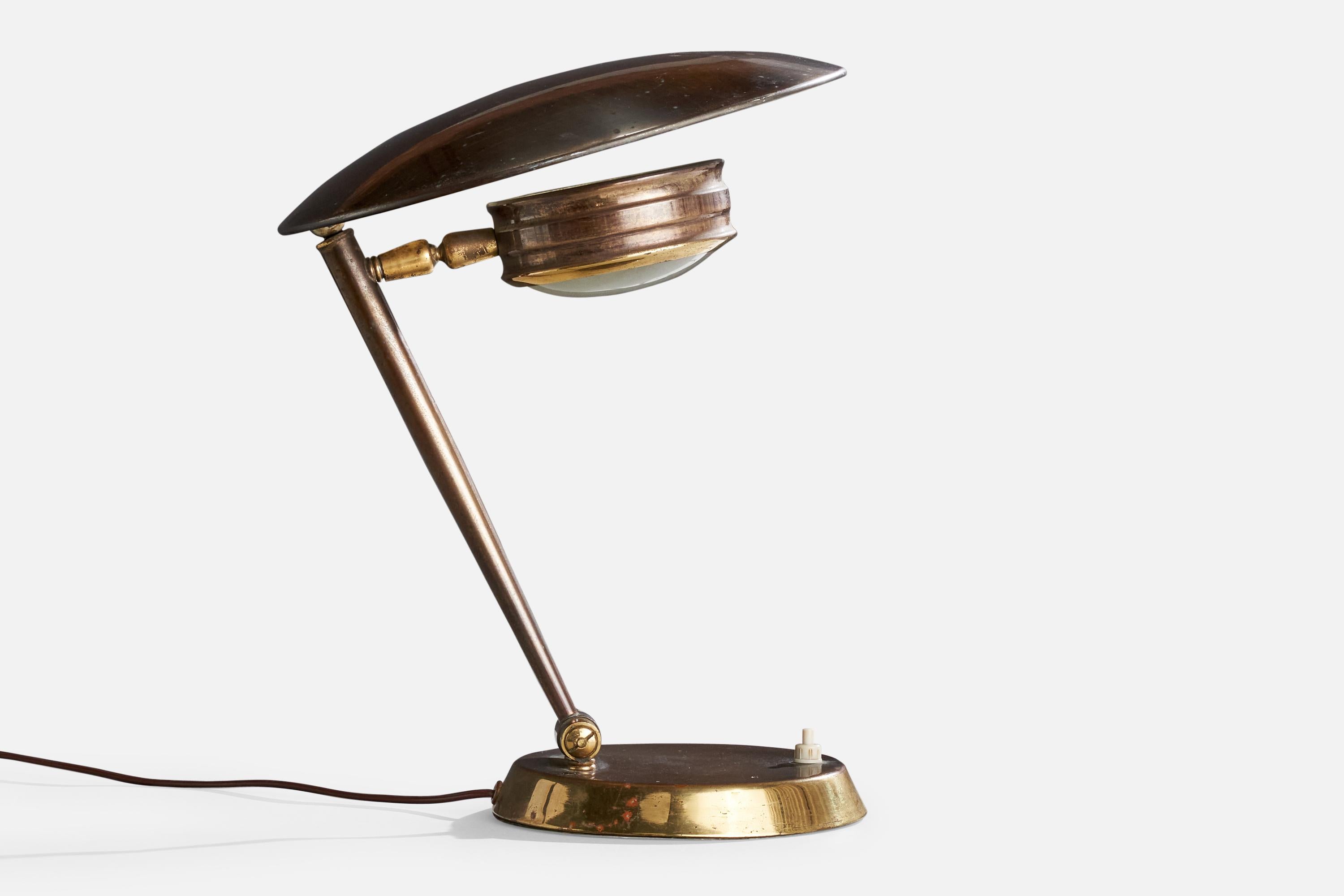 An adjustable brass and glass table lamp designed and produced in Italy, c. 1940s.

Dimensions of Lamp with Shade (inches): 12.5“ H x 11” W x 12.5“ D

Bulb Specifications: E-14

Number of Sockets (per fixture): 1

All lighting will be converted for