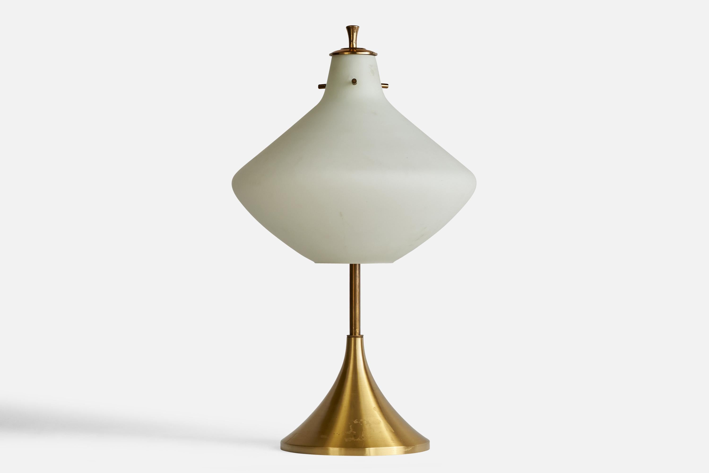 A brass and opaline glass table lamp designed and produced in Italy, 1950s.

Overall Dimensions (inches): 23” H x 13” Diameter 
Bulb Specifications: E-14 Bulb
Number of Sockets: 2
All lighting will be converted for US usage. We is unable to confirm