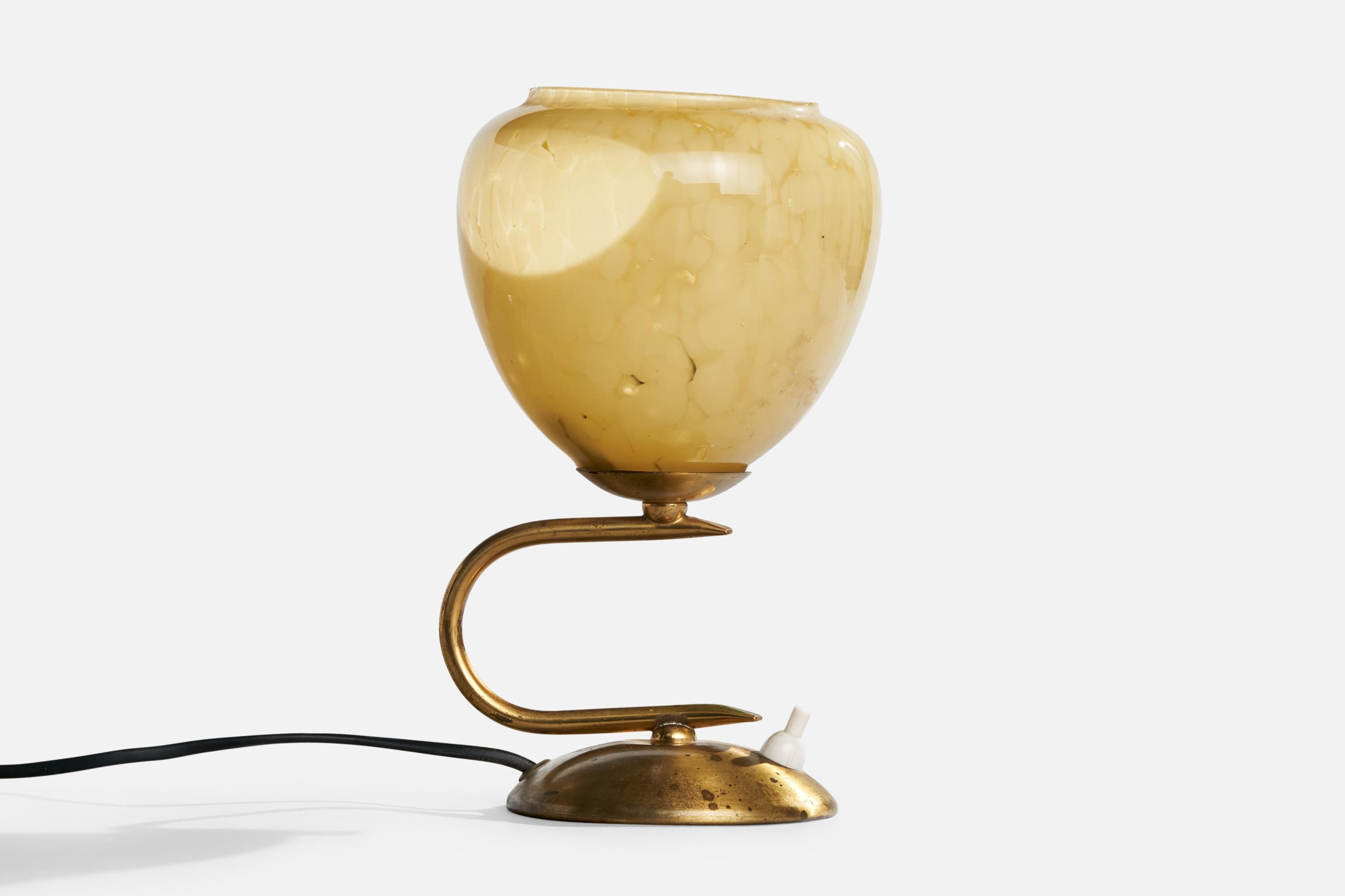 A brass and yellow glass table lamp designed and produced in Italy, c. 1950s.

Dimensions of Lamp with Shade (inches): 8.4“ H x 5.2“ Diameter

Bulb Specifications: E-14

Number of Sockets (per fixture): 1

Sold with lampshade.

All lighting will be