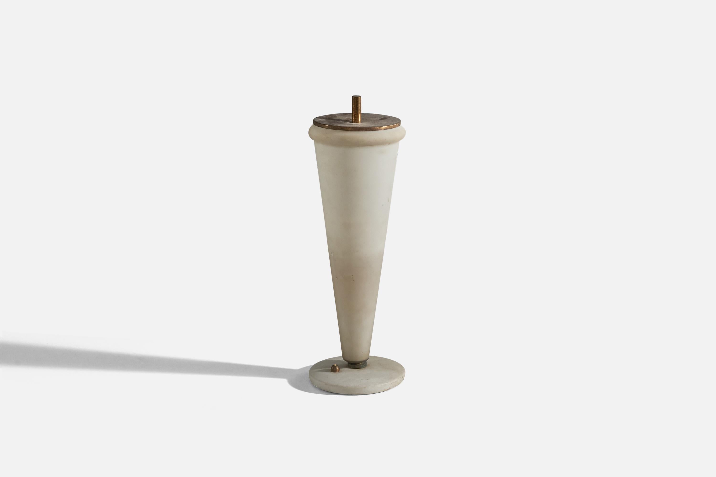 A marble, brass and glass table lamp designed and produced in Italy, 1940s. 

