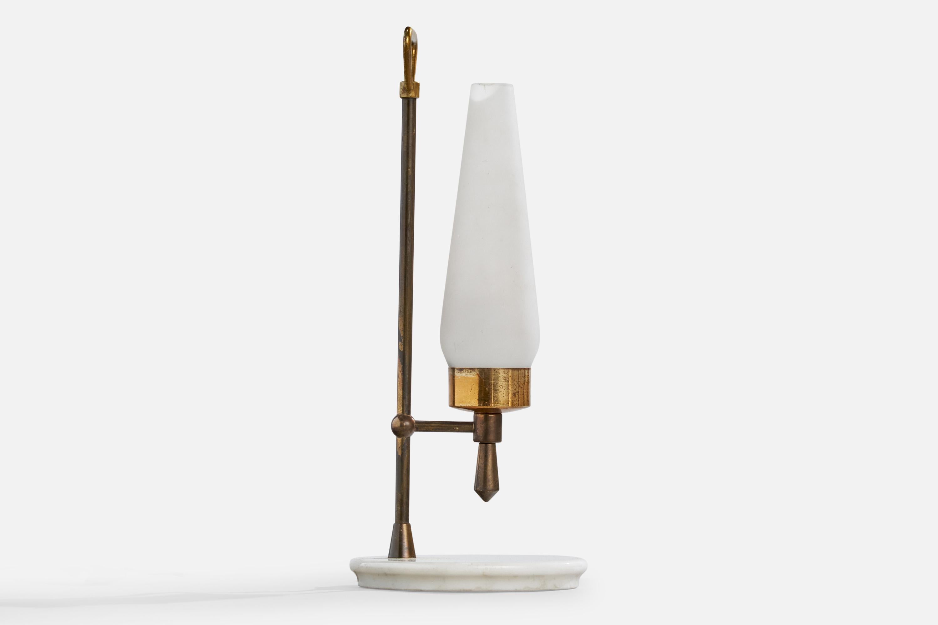 A brass, marble and white opaline glass table lamp designed and produced in Italy, c. 1950s.

Dimensions of Lamp with Shade (inches): 14.9“ H x 6.4“ Diameter

Bulb Specifications: E-14

Number of Sockets (per fixture): 1

Sold with lampshade.

All