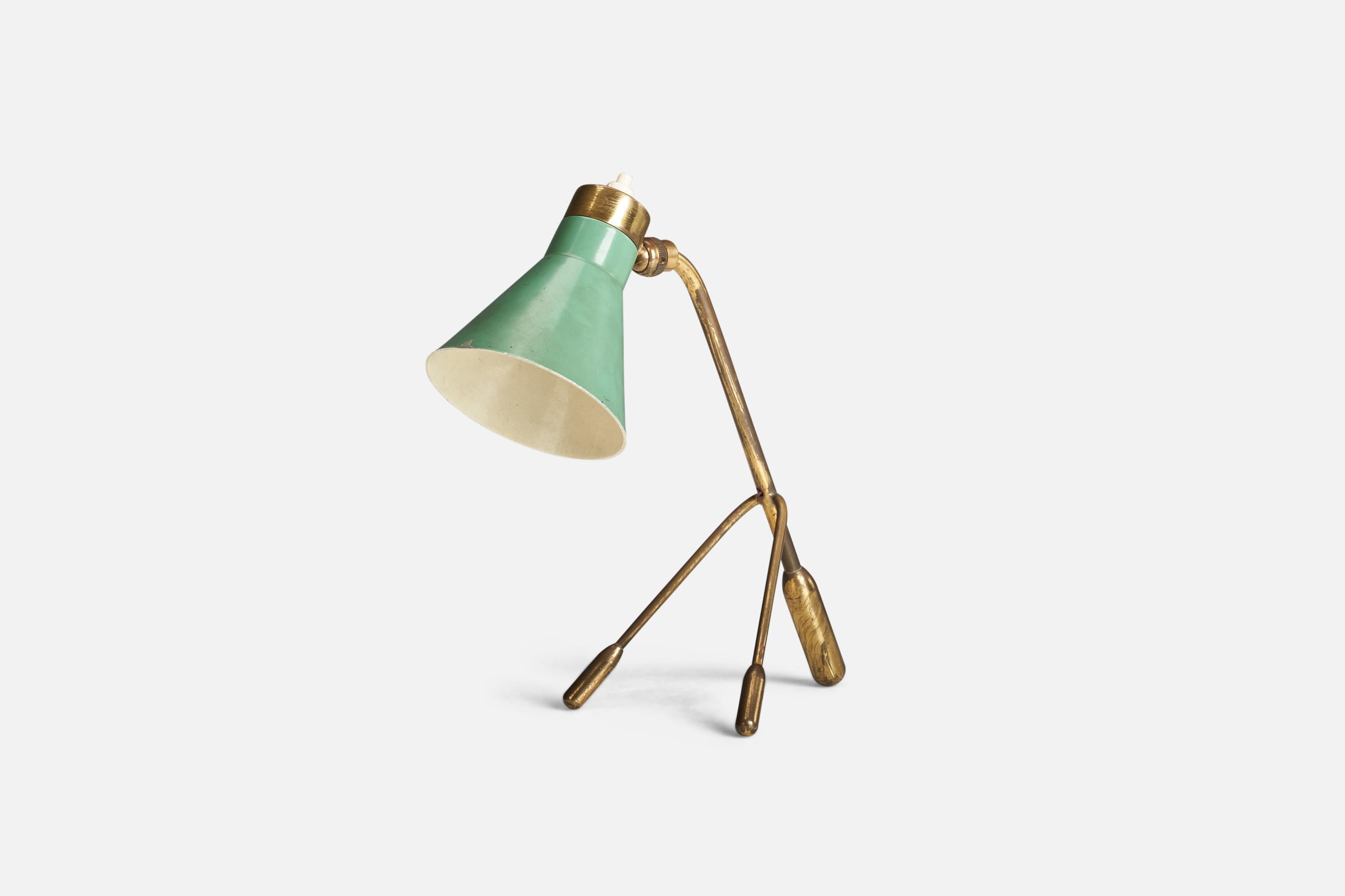 Mid-Century Modern Italian Designer, Table Lamp, Brass, Green-Lacquered Metal, Italy, 1950s For Sale