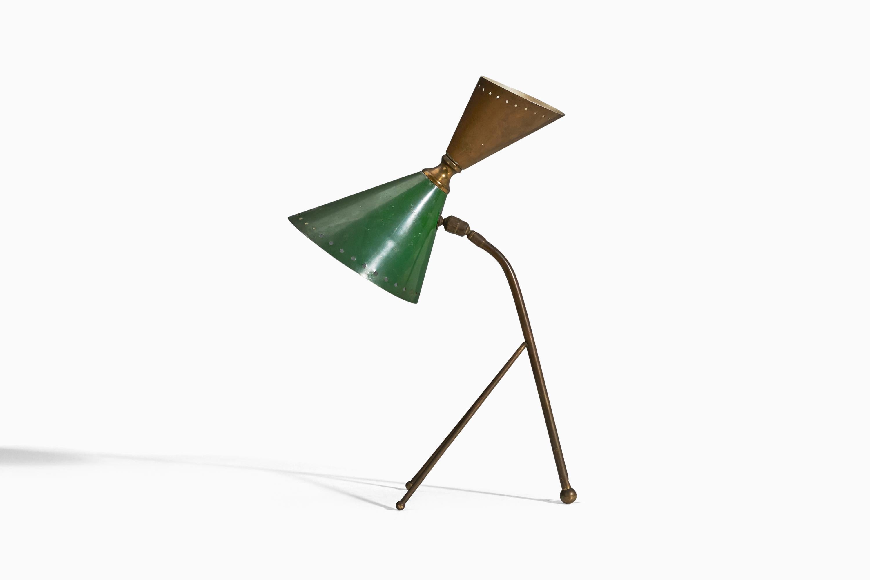 Mid-20th Century Italian Designer, Table Lamp, Brass, Green Lacquered Metal, Italy, 1950s For Sale