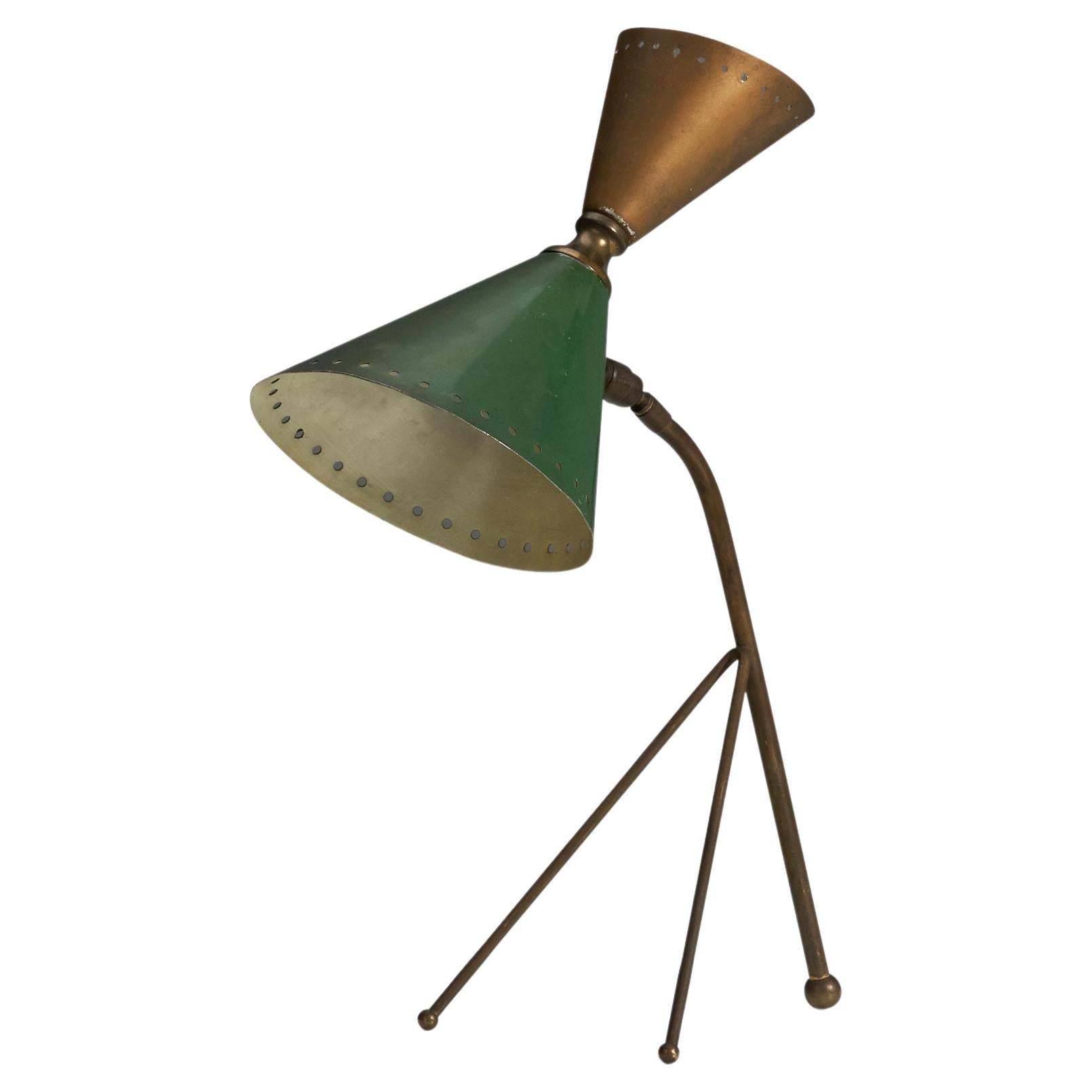 Italian Designer, Table Lamp, Brass, Green Lacquered Metal, Italy, 1950s