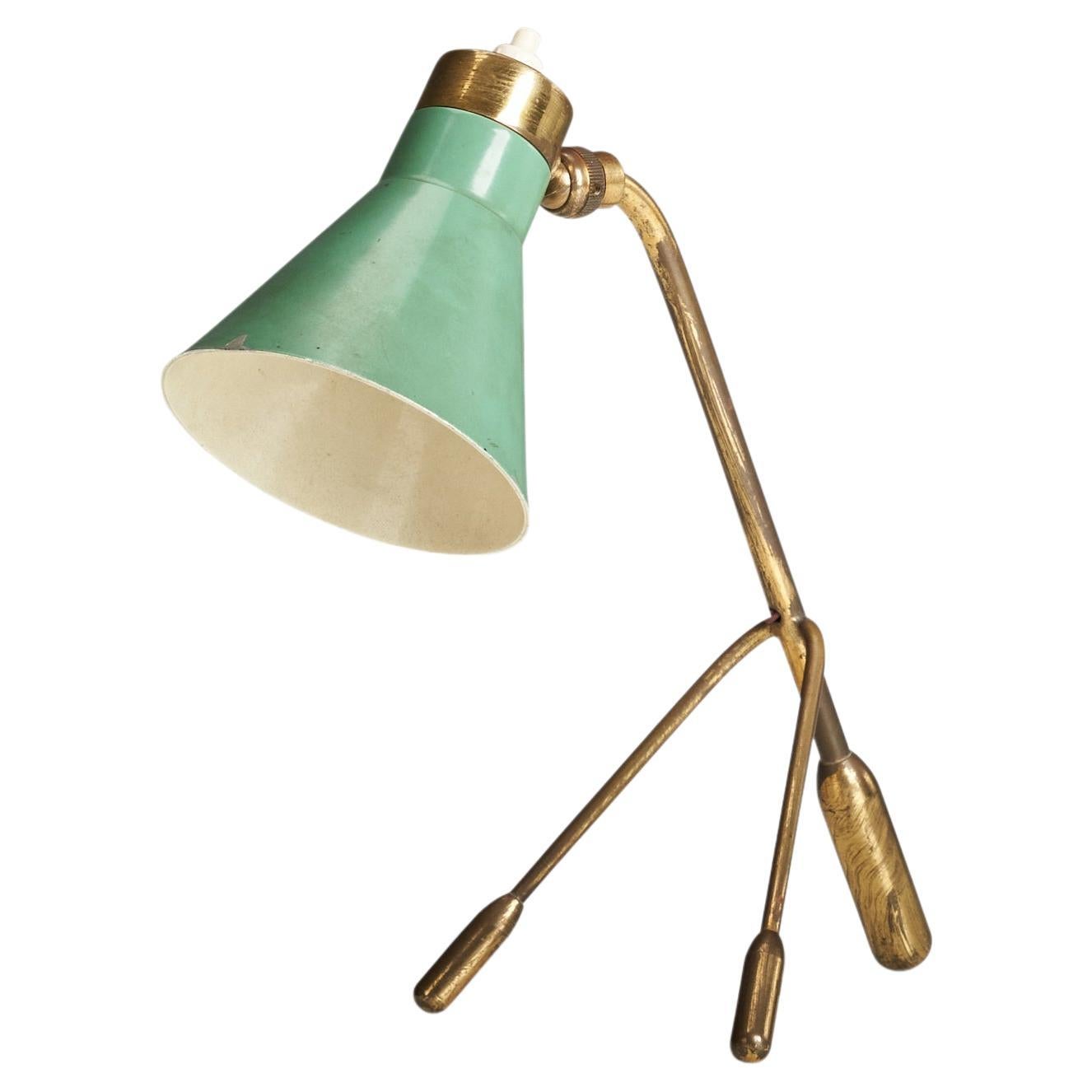 Italian Designer, Table Lamp, Brass, Green-Lacquered Metal, Italy, 1950s For Sale
