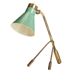 Vintage Italian Designer, Table Lamp, Brass, Green-Lacquered Metal, Italy, 1950s
